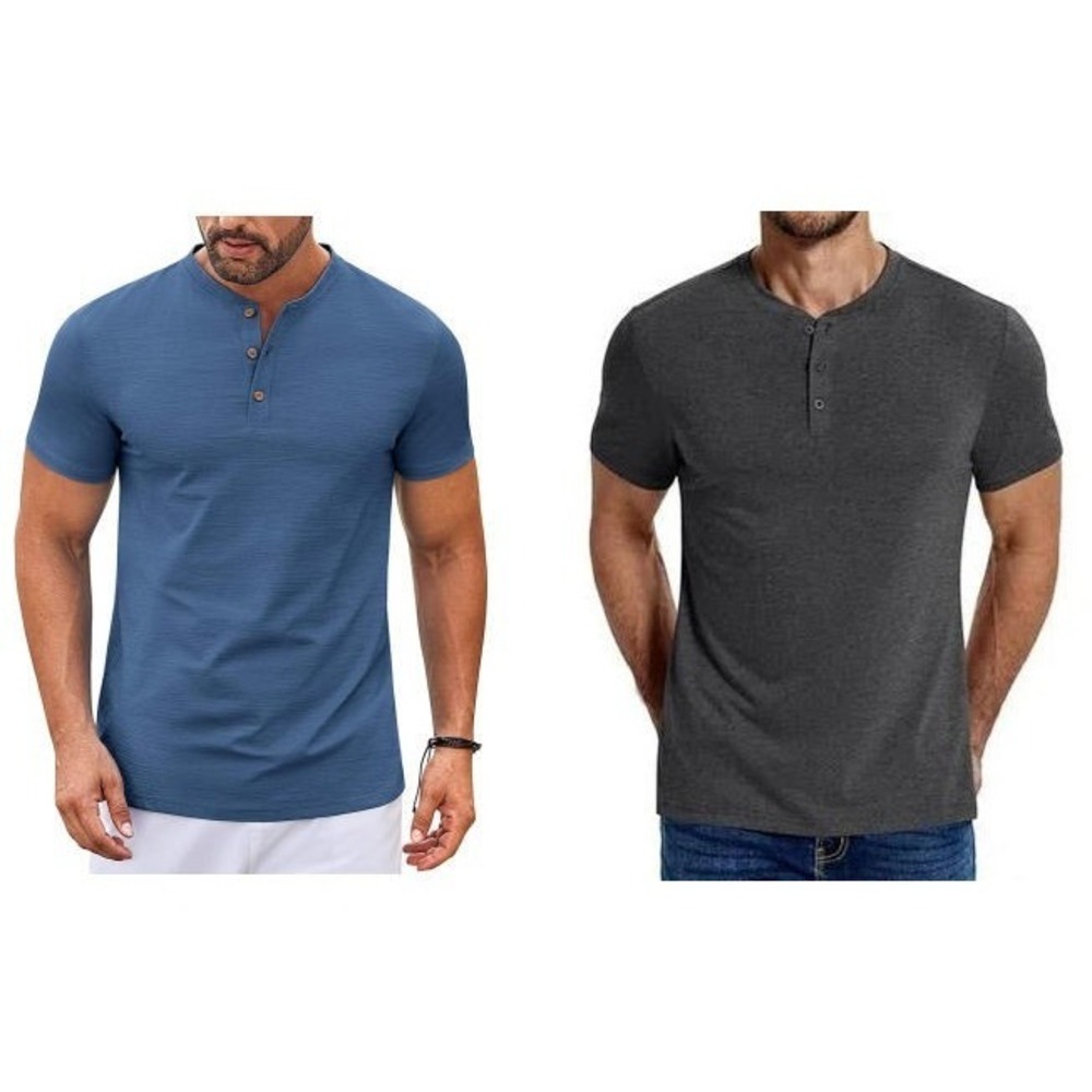 2 Coofandy Men's Short Sleeve Henley T-Shirts - Blue & Charcoal - Size Large‎